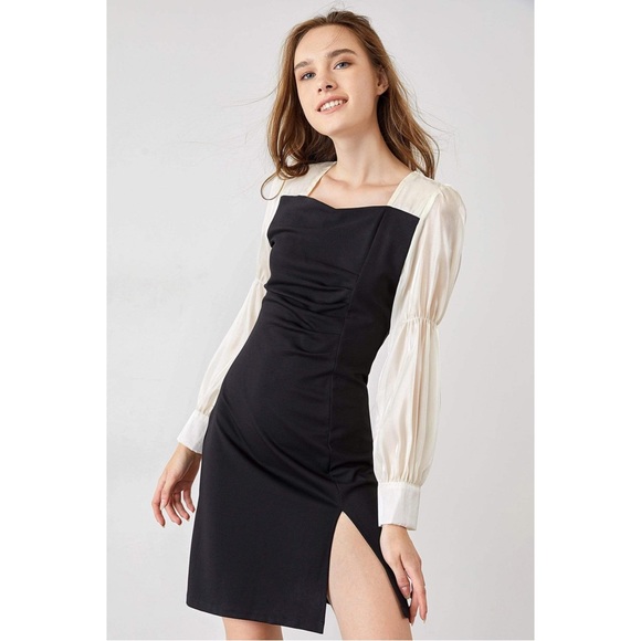 J.ING Black & White Shiny Iridescent Ivory Long Sleeve Ruched Dress Mini Dress M - Picture 3 of 17